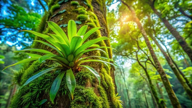 Close-up botanical photography reveals an epiphytic plant clinging to rainforest bark, its aerial roots showcased in a rule-of-thirds composition.