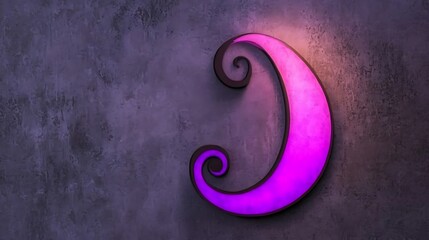 Illuminated Purple Letter J on a Gray Wall