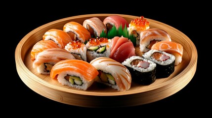 Delicious sushi rolls with rice and fish, soy sauce on a dark background. Sushi Verschiedene sorten.