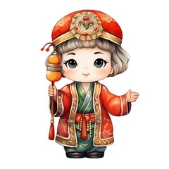 A cute, cartoon-style character in traditional attire, holding a festive lantern, exuding charm and cultural significance.