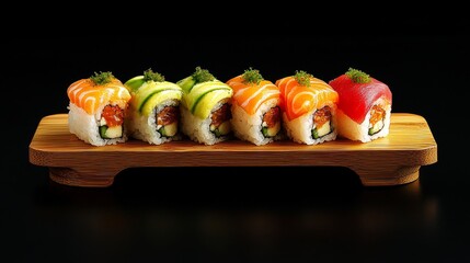 Delicious sushi rolls with rice and fish, soy sauce on a dark background. Sushi Verschiedene sorten.