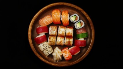 Delicious sushi rolls with rice and fish, soy sauce on a dark background. Sushi Verschiedene sorten.