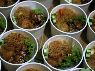 Amounts of teriyaki glazed chicken rice bowl with vegetables, noodle, sliced cucumber and wortel and mashed potatoes on black background. Balanced nutritious food