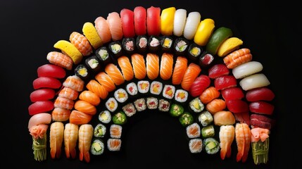 Delicious sushi rolls with rice and fish, soy sauce on a dark background. Sushi Verschiedene sorten.