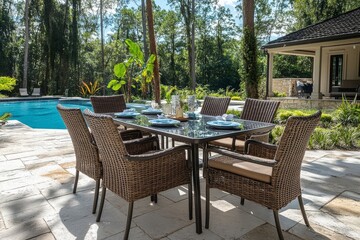 Obraz premium Outdoor dining set with glass top table, 6 brown wicker rattan chairs, and outdoor pool in the background, ideal for alfresco dining.
