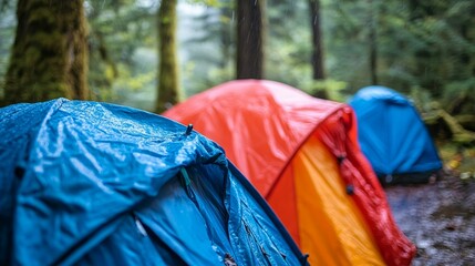 Rain-soaked tents, colorful, forest setting.