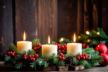 candles are lit on a table with pine cones and red berries