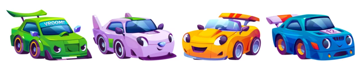 Fotobehang Race car characters set isolated on white background. Vector cartoon illustration of cute color vehicles with emotions on face, transport for speed race rally, smiling and angry sportcars collection © klyaksun