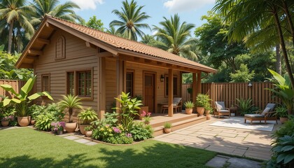 Fototapeta premium Tropical Getaway: A cozy wooden cabin nestled amidst lush greenery and swaying palm trees, offering a serene escape to nature's embrace. 