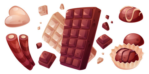 Chocolate bars and candies isolated on white background. Vector cartoon illustration of bitter dark, sweet milk and white cacao dessert, heart shape sweet in paper wrapping, confectionery banner