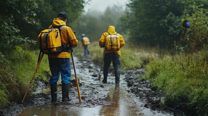Obraz premium Muddy path, rain, hikers with packs, traversing woods.