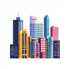 Colorful urban skyline illustration featuring various buildings in vibrant hues.