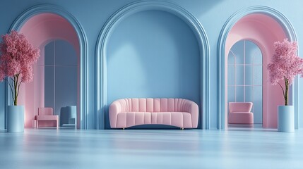 A modern interior space featuring pink furniture and archways with decorative plants.