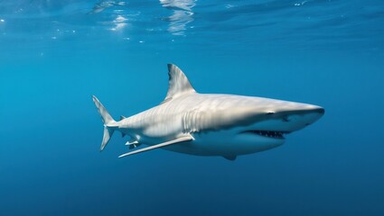 Fototapeta premium A Great White Shark Swims Underwater In The Ocean