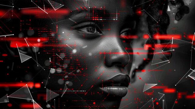 Looped background. Girl in Christmas red Santa hat. Christmas and New Year holiday concept. Image for advertising Christmas products. Looped effect. Looped particles. Generated AI.