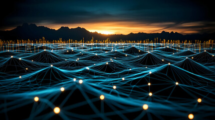 Digital Network Sunset 3D Illustration