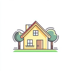 A colorful illustration of a charming yellow house surrounded by green trees.