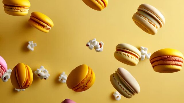 Close up of a yellow and pink macaron with a yellow background. The macaron is surrounded by popcorn