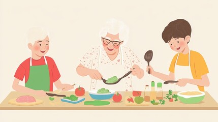 Family Cooking Adventures: Grandparents and Grandchildren Bonding Over Colorful Recipes in Joyful Kitchen Setting