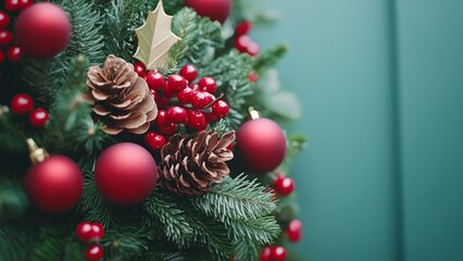 Fototapeta premium Festive holiday decorations featuring red ornaments and pinecones