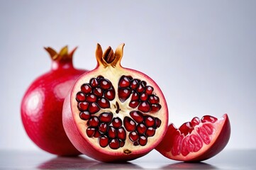 there is a pomegranate cut in half and a half open