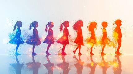 Silhouettes of children in motion, blending colors and abstract elements.