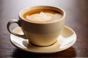 Fototapeta premium there is a cup of coffee with a leaf on it