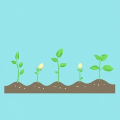 A simple illustration of plant growth stages, featuring small green sprouts emerging from rich brown soil against a blue background.