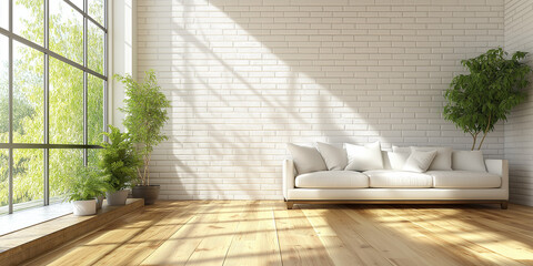 Serene living room with cozy sofa and natural light modern interior design home environment minimalist viewpoint relaxation concept