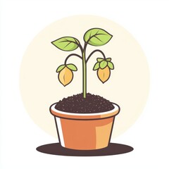 A vibrant illustration of a young plant with bright green leaves in a brown pot.