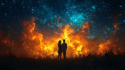 Fototapeta premium Romantic Couple Silhouetted Against Fiery Celestial Night Sky Starry Background