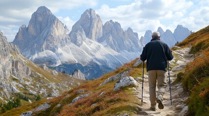 Active Senior Man Hiking amidst Mountain Peaks with Trekking Pole in Hand