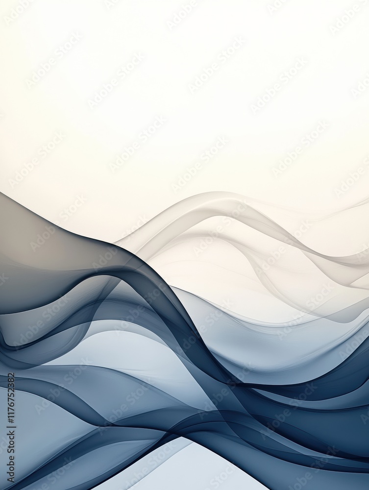 Poster Flowing abstract waves creating depth and tranquility in shades of blue and gray across a soft background. Generative AI