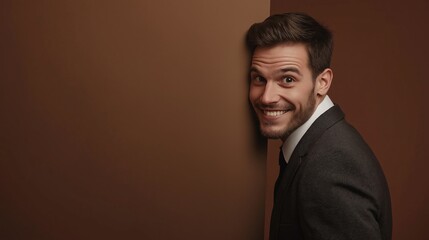 Fototapeta premium Smiling Businessman Peeking Around Corner