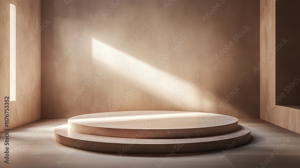 Poster Floating round platform in a minimalist setting, illuminated by a single directional light, creating soft gradients.