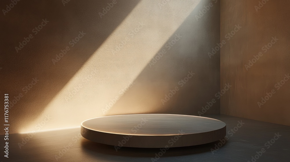 Poster Floating round platform in a minimalist setting, illuminated by a single directional light, creating soft gradients.