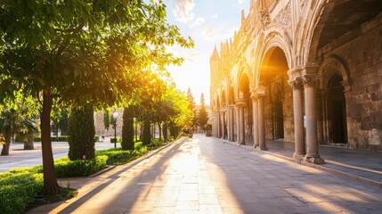 Obraz premium Cultural exchange festival celebrating historical architecture in a vibrant urban setting during golden hour
