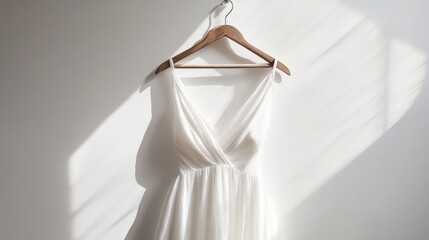 Flowing white summer dress displayed on a hanger, set against a bright white background, minimalist aesthetic.