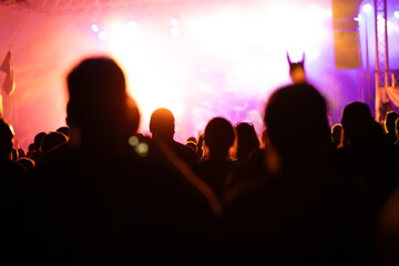 Crowd at concert and blurred stage lights.