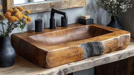 A rustic wooden sink with a modern faucet, surrounded by decorative elements.
