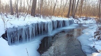 Icicles forming along the edge of a freezing stream, cold water still flowing beneath the growing ice layers.