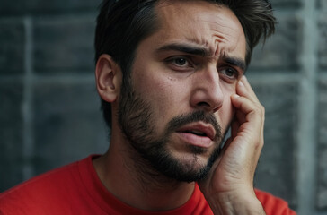 Fototapeta premium A man with a toothache. Man in Discomfort: Struggling with Toothache.