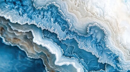 Macro shot of a water surface partially frozen, detailed frost patterns spreading across the icy edges under soft light.