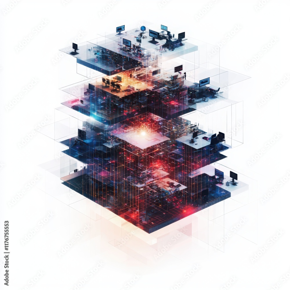 Poster cybersecurity collaboration event virtual workspace digital art high-tech environment abstract viewp