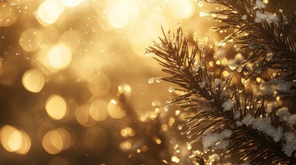 Fototapeta premium Macro shot of snow-covered pine needles, delicate ice crystals shimmering in sunlight against a blurred background.