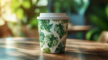 Coffee cup with tropical leaves on table in a sunny cafe