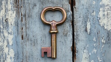 Antique key rests on weathered wood.