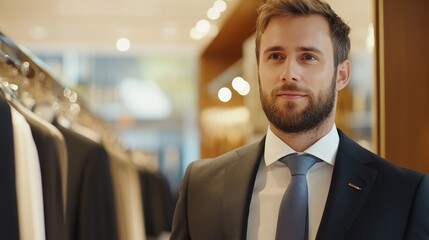 Naklejka premium Man choosing suit, retail store, blurred background, shopping