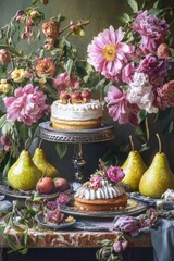 Fototapeta premium A beautiful still life featuring two elegant cakes surrounded by vibrant flowers and fresh pears.