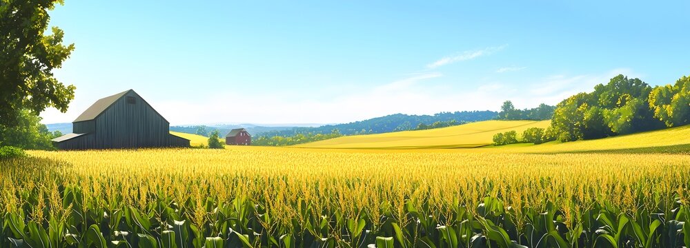 A rural landscape with a cornfield in full bloom, a barn in the background, and a clear sky overhead